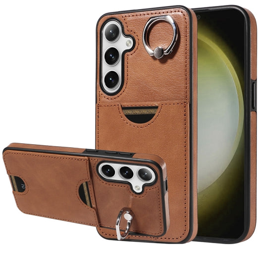 For Samsung Galaxy S24+ 5G Calf Texture Card Slot Ring Holder Phone Case(Brown) - Galaxy S24+ 5G Cases by PMC Jewellery | Online Shopping South Africa | PMC Jewellery