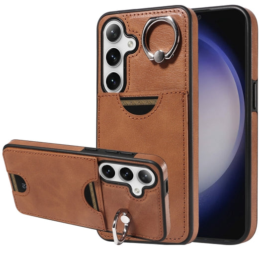 For Samsung Galaxy S24 5G Calf Texture Card Slot Ring Holder Phone Case(Brown) - Galaxy S24 5G Cases by PMC Jewellery | Online Shopping South Africa | PMC Jewellery