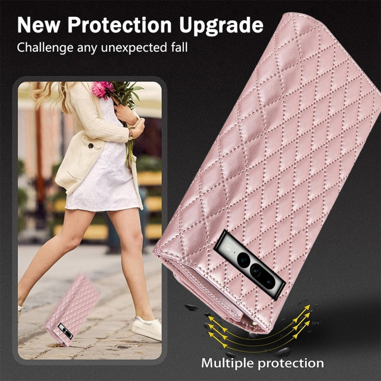 For Google Pixel 6a Zipper Multi-Card Wallet Rhombic Leather Phone Case(Rose Gold) - Google Cases by PMC TechLife | Online Shopping South Africa | PMC TechLife | Buy Now Pay Later Mobicred