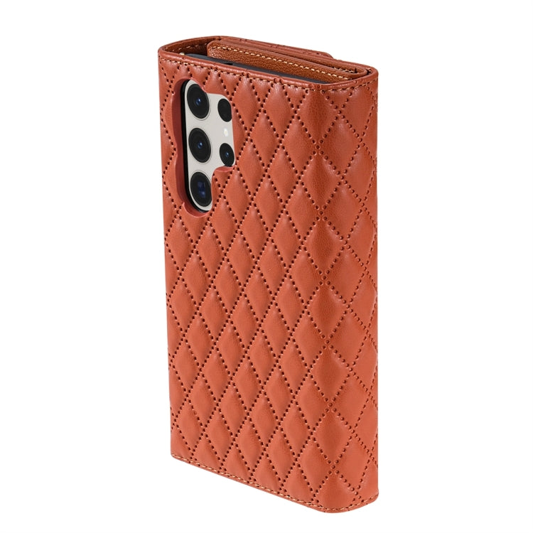 For Samsung Galaxy S24 Ultra 5G Zipper Multi-Card Wallet Rhombic Leather Phone Case(Brown) - Galaxy S24 Ultra 5G Cases by PMC Jewellery | Online Shopping South Africa | PMC Jewellery | Buy Now Pay Later Mobicred