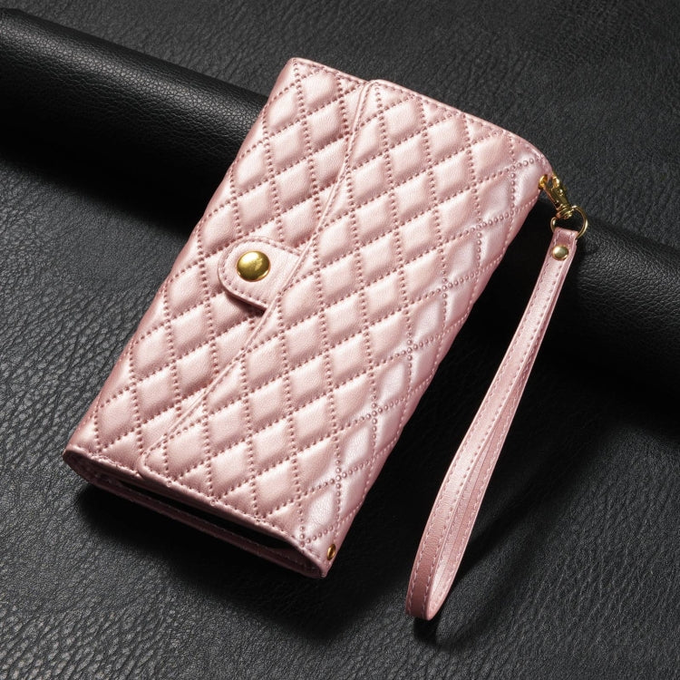 For Samsung Galaxy S24 5G Zipper Multi-Card Wallet Rhombic Leather Phone Case(Rose Gold) - Galaxy S24 5G Cases by PMC Jewellery | Online Shopping South Africa | PMC Jewellery | Buy Now Pay Later Mobicred