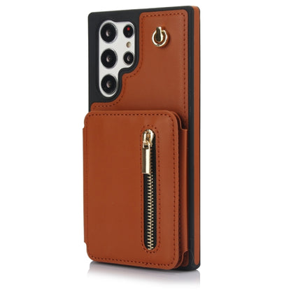 For Samsung Galaxy S24 Ultra 5G YM006 Skin Feel Zipper Card Bag Phone Case with Dual Lanyard(Brown) - Galaxy S24 Ultra 5G Cases by PMC Jewellery | Online Shopping South Africa | PMC Jewellery | Buy Now Pay Later Mobicred