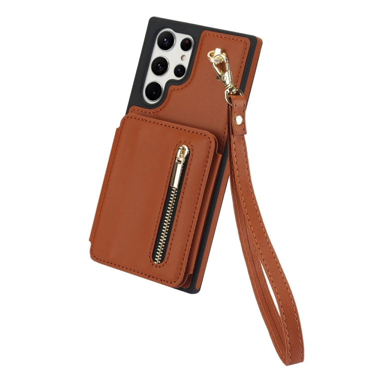 For Samsung Galaxy S24 Ultra 5G YM006 Skin Feel Zipper Card Bag Phone Case with Dual Lanyard(Brown) - Galaxy S24 Ultra 5G Cases by PMC Jewellery | Online Shopping South Africa | PMC Jewellery | Buy Now Pay Later Mobicred