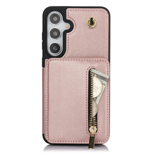 For Samsung Galaxy S24+ 5G YM006 Skin Feel Zipper Card Bag Phone Case with Dual Lanyard(Rose Gold) - Galaxy S24+ 5G Cases by PMC Jewellery | Online Shopping South Africa | PMC Jewellery | Buy Now Pay Later Mobicred