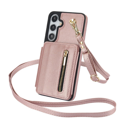 For Samsung Galaxy S24+ 5G YM006 Skin Feel Zipper Card Bag Phone Case with Dual Lanyard(Rose Gold) - Galaxy S24+ 5G Cases by PMC Jewellery | Online Shopping South Africa | PMC Jewellery | Buy Now Pay Later Mobicred