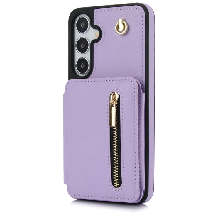 For Samsung Galaxy S24+ 5G YM006 Skin Feel Zipper Card Bag Phone Case with Dual Lanyard(Light Purple) - Galaxy S24+ 5G Cases by PMC Jewellery | Online Shopping South Africa | PMC Jewellery | Buy Now Pay Later Mobicred