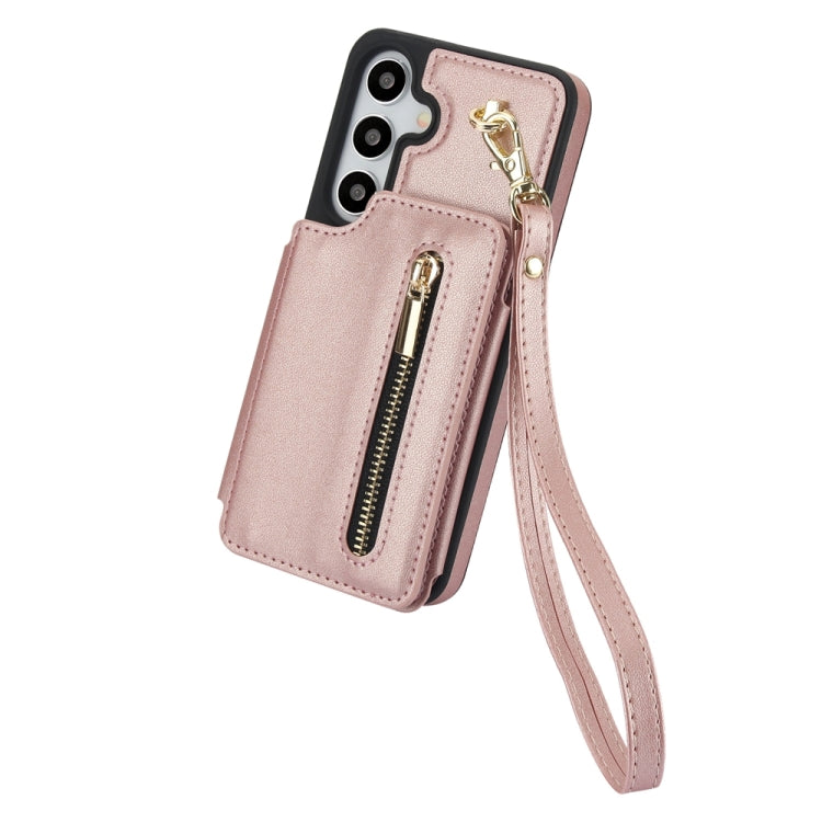 For Samsung Galaxy S24 5G YM006 Skin Feel Zipper Card Bag Phone Case with Dual Lanyard(Rose Gold) - Galaxy S24 5G Cases by PMC Jewellery | Online Shopping South Africa | PMC Jewellery | Buy Now Pay Later Mobicred