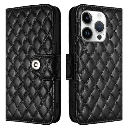 For iPhone 16 Pro Rhombic Texture Flip Leather Phone Case with Lanyard(Black) - iPhone 16 Pro Cases by PMC Jewellery | Online Shopping South Africa | PMC Jewellery | Buy Now Pay Later Mobicred