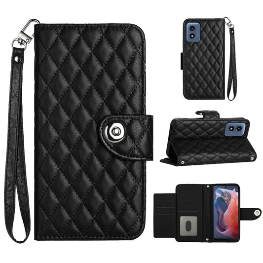 For Motorola Moto G Play 4G 2024 Rhombic Texture Flip Leather Phone Case with Lanyard(Black) - Motorola Cases by PMC Jewellery | Online Shopping South Africa | PMC Jewellery | Buy Now Pay Later Mobicred