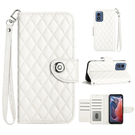 For Motorola Moto G Play 4G 2024 Rhombic Texture Flip Leather Phone Case with Lanyard(White) - Motorola Cases by PMC Jewellery | Online Shopping South Africa | PMC Jewellery | Buy Now Pay Later Mobicred