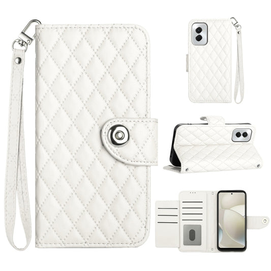 For Motorola Moto G Power 5G 2024 Rhombic Texture Flip Leather Phone Case with Lanyard(White) - Motorola Cases by PMC Jewellery | Online Shopping South Africa | PMC Jewellery | Buy Now Pay Later Mobicred