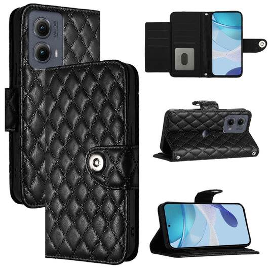 For Motorola Edge 2024 Rhombic Texture Flip Leather Phone Case with Lanyard(Black) - Motorola Cases by PMC Jewellery | Online Shopping South Africa | PMC Jewellery | Buy Now Pay Later Mobicred