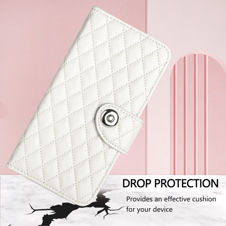 For Motorola Edge 2024 Rhombic Texture Flip Leather Phone Case with Lanyard(White) - Motorola Cases by PMC Jewellery | Online Shopping South Africa | PMC Jewellery | Buy Now Pay Later Mobicred