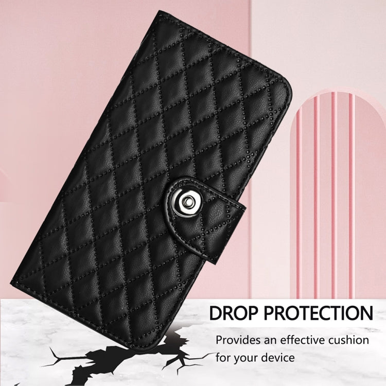 For Motorola Moto G Play 5G 2024 Rhombic Texture Flip Leather Phone Case with Lanyard(Black) - Motorola Cases by PMC Jewellery | Online Shopping South Africa | PMC Jewellery | Buy Now Pay Later Mobicred