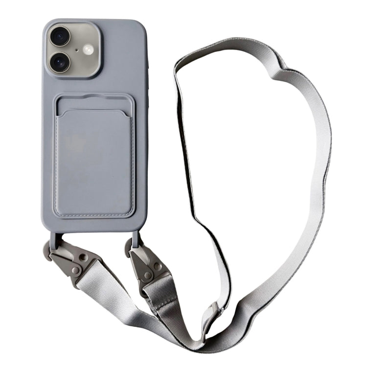 For iPhone 16 Card Slot Liquid Silicone Phone Case with Lanyard(Grey) - iPhone 16 Cases by PMC TechLife | Online Shopping South Africa | PMC TechLife | Buy Now Pay Later Mobicred