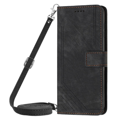 For Motorola Edge 2024 Skin Feel Stripe Pattern Leather Phone Case with Long Lanyard(Black) - Motorola Cases by PMC Jewellery | Online Shopping South Africa | PMC Jewellery | Buy Now Pay Later Mobicred