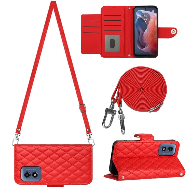 For Motorola Moto G Play 4G 2024 Rhombic Texture Flip Leather Phone Case with Long Lanyard(Red) - Motorola Cases by PMC Jewellery | Online Shopping South Africa | PMC Jewellery | Buy Now Pay Later Mobicred