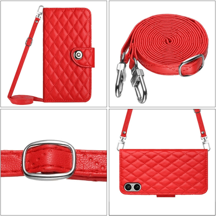 For Sony Xperia 5 V Rhombic Texture Flip Leather Phone Case with Long Lanyard(Red) - Sony Cases by PMC Jewellery | Online Shopping South Africa | PMC Jewellery | Buy Now Pay Later Mobicred