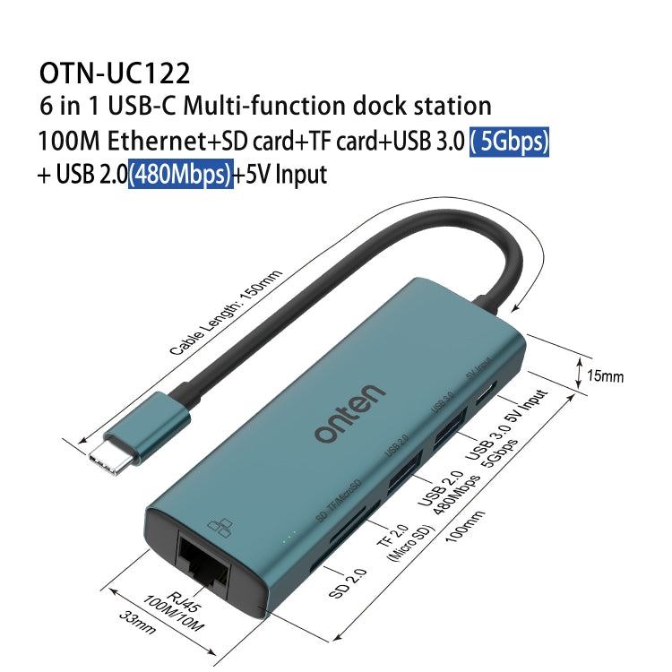 Onten UC122 6 in 1 USB-C / Type-C to SD + TF Card + USB 3.0 HUB with 5V Input & 100Mbps Network Card - USB HUB by Onten | Online Shopping South Africa | PMC Jewellery | Buy Now Pay Later Mobicred