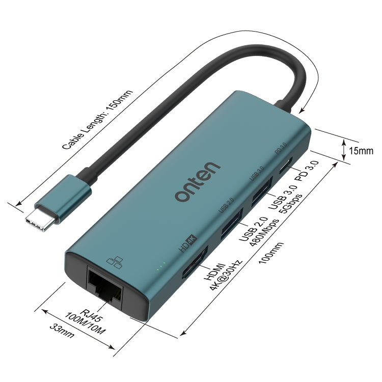 Onten UC125 5 in 1 USB-C / Type-C to HDMI+USB3.0+PD3.0 Multi-function HUB with 100Mbps Network Card - free shipping - PMC Jewellery - Order now!