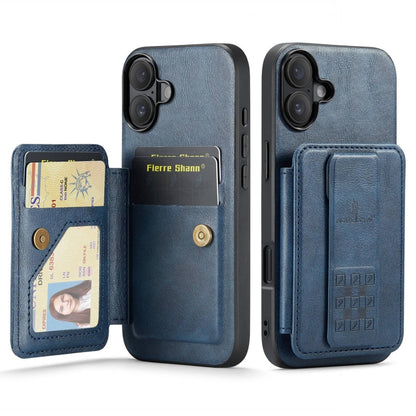 For iPhone 16 Plus Fierre Shann Oil Wax Cow Leather Card Holder Back Phone Case(Blue) - iPhone 16 Plus Cases by FIERRE SHANN | Online Shopping South Africa | PMC Jewellery | Buy Now Pay Later Mobicred