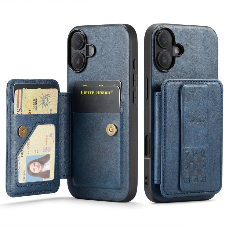 For iPhone 16 Fierre Shann Oil Wax Cow Leather Card Holder Back Phone Case(Blue) - iPhone 16 Cases by FIERRE SHANN | Online Shopping South Africa | PMC Jewellery | Buy Now Pay Later Mobicred