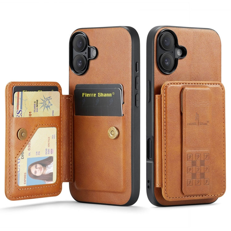 For iPhone 16 Fierre Shann Oil Wax Cow Leather Card Holder Back Phone Case(Brown) - iPhone 16 Cases by FIERRE SHANN | Online Shopping South Africa | PMC Jewellery | Buy Now Pay Later Mobicred