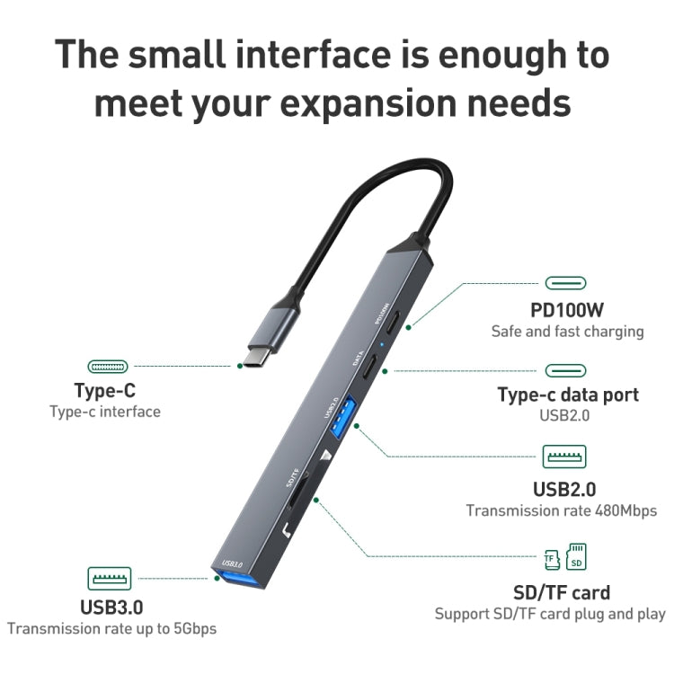 ADS-807 PD100 6 in 1 Type-C to PD100W + USB3.0 + USB2.0 + SD/TF HUB Docking Station(Space Grey) - USB HUB by PMC Jewellery | Online Shopping South Africa | PMC Jewellery | Buy Now Pay Later Mobicred