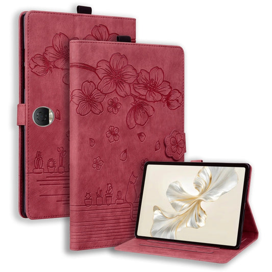 For Honor Pad 9 Cartoon Sakura Cat Embossed Leather Tablet Case(Red) - Honor by PMC Jewellery | Online Shopping South Africa | PMC Jewellery | Buy Now Pay Later Mobicred