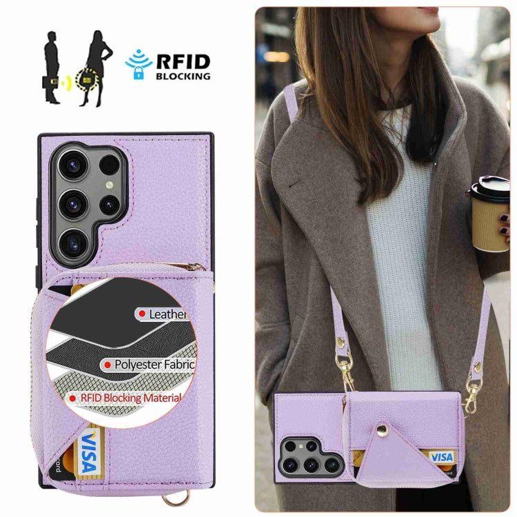 For Samsung Galaxy S24 Ultra 5G Crossbody Zipper Card Bag RFID Anti-theft Phone Case(Purple) - Galaxy S24 Ultra 5G Cases by PMC Jewellery | Online Shopping South Africa | PMC Jewellery | Buy Now Pay Later Mobicred