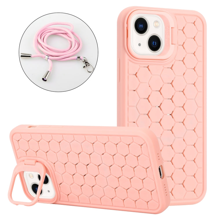 For iPhone 15 Plus Honeycomb Radiating Lens Holder Magsafe Phone Case with Lanyard(Pink) - iPhone 15 Plus Cases by PMC Jewellery | Online Shopping South Africa | PMC Jewellery