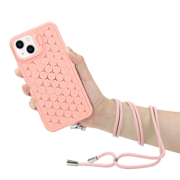 For iPhone 15 Plus Honeycomb Radiating Lens Holder Magsafe Phone Case with Lanyard(Pink) - iPhone 15 Plus Cases by PMC Jewellery | Online Shopping South Africa | PMC Jewellery