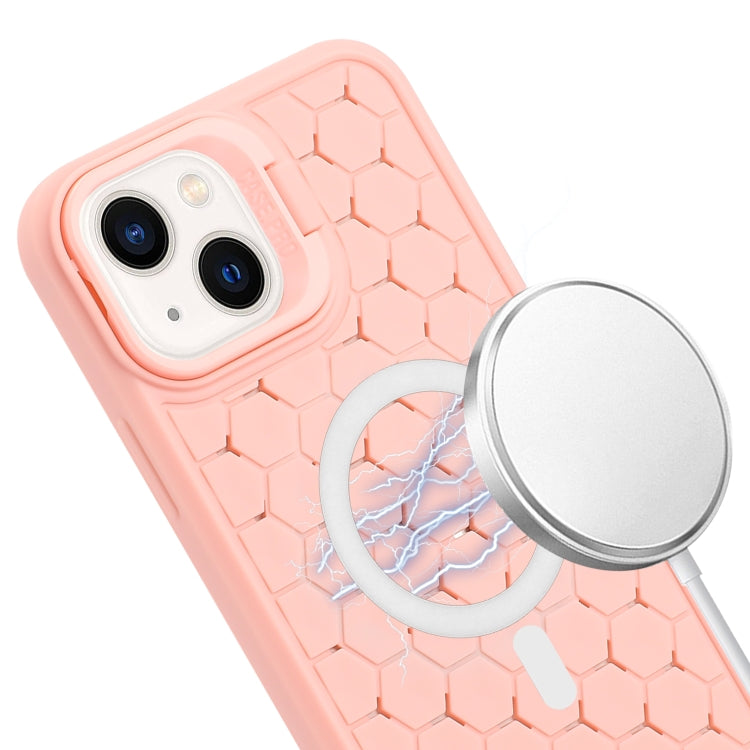 For iPhone 15 Plus Honeycomb Radiating Lens Holder Magsafe Phone Case with Lanyard(Pink) - iPhone 15 Plus Cases by PMC Jewellery | Online Shopping South Africa | PMC Jewellery