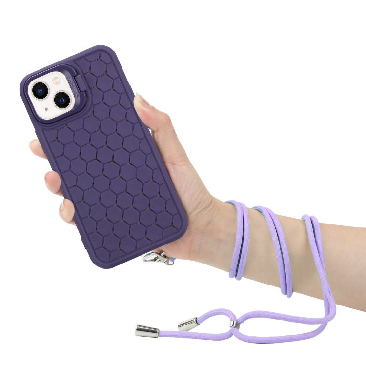 For iPhone 14 Plus Honeycomb Radiating Lens Holder Magsafe Phone Case with Lanyard(Purple) - iPhone 14 Plus Cases by PMC Jewellery | Online Shopping South Africa | PMC Jewellery