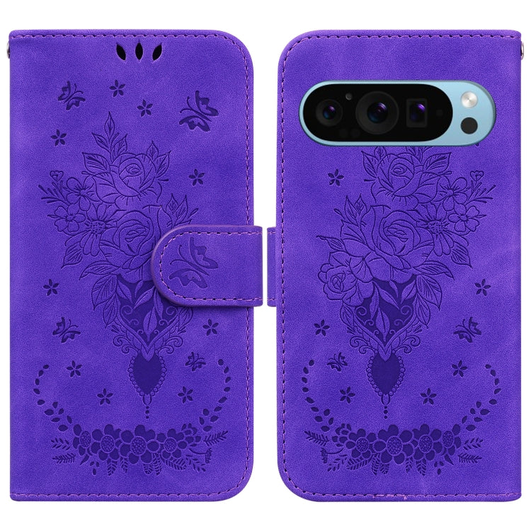 For Google Pixel 9 Pro Butterfly Rose Embossed Leather Phone Case(Purple) - Google Cases by PMC TechLife | Online Shopping South Africa | PMC TechLife | Buy Now Pay Later Mobicred