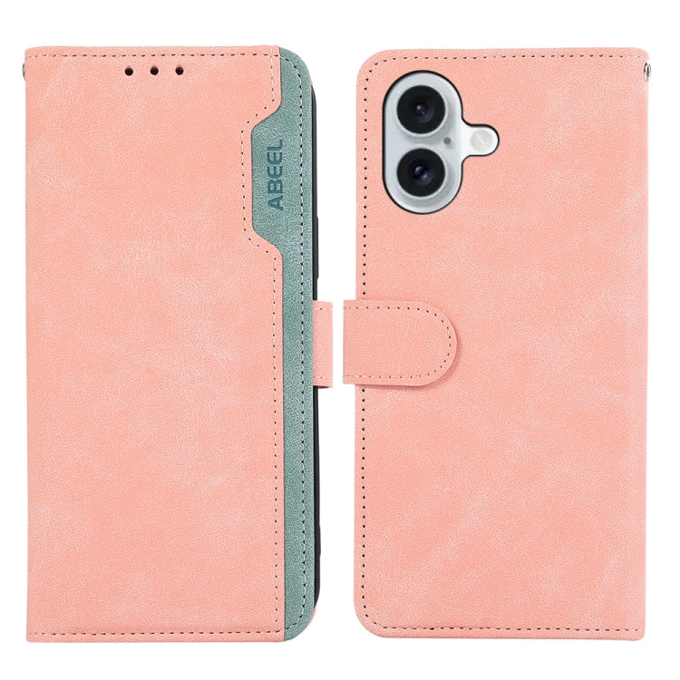 For iPhone 16 ABEEL Color Block Magnetic RFID Leather Phone Case(Pink-Cyan) - iPhone 16 Cases by PMC Jewellery | Online Shopping South Africa | PMC Jewellery | Buy Now Pay Later Mobicred