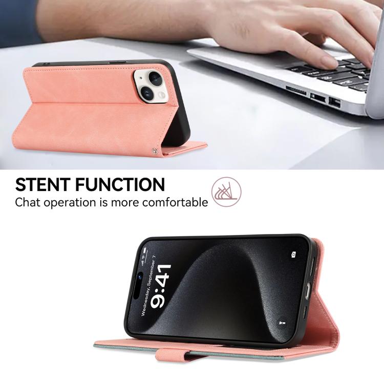 For iPhone 16e ABEEL Color Block Magnetic RFID Leather Phone Case(Pink-Cyan) - iPhone 16e Cases by PMC TechLife | Online Shopping South Africa | PMC TechLife | Buy Now Pay Later Mobicred
