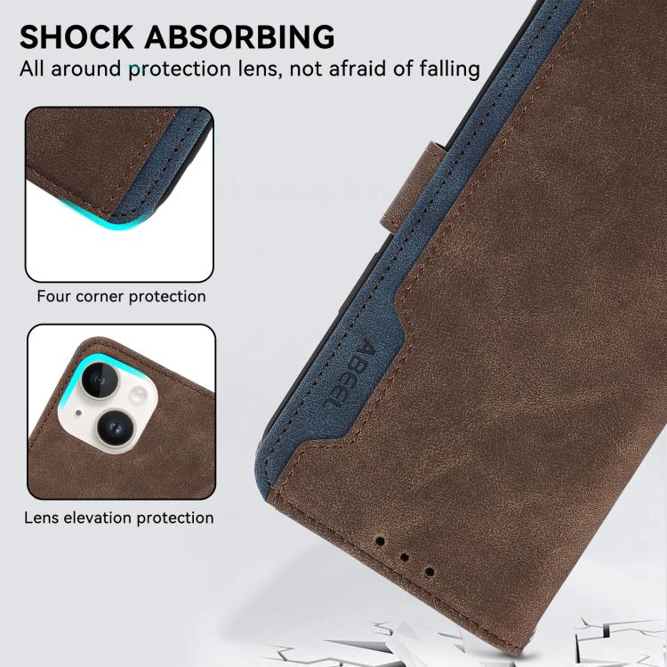 For iPhone 16e ABEEL Color Block Magnetic RFID Leather Phone Case(Brown-Blue) - iPhone 16e Cases by PMC TechLife | Online Shopping South Africa | PMC TechLife | Buy Now Pay Later Mobicred