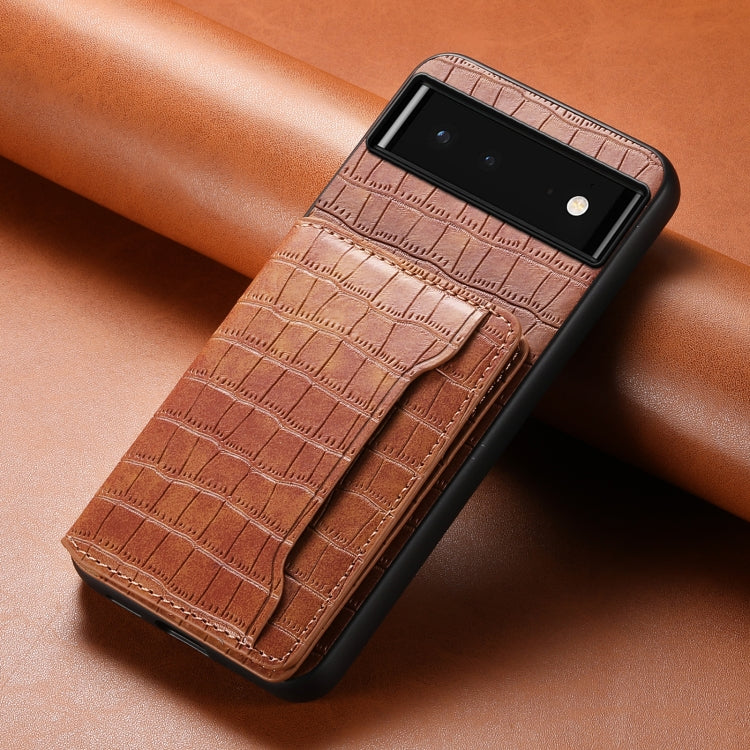 For Google Pixel 6 Crocodile Texture Card Bag Design Full Coverage Phone Case(Brown) - Google Cases by PMC TechLife | Online Shopping South Africa | PMC TechLife | Buy Now Pay Later Mobicred