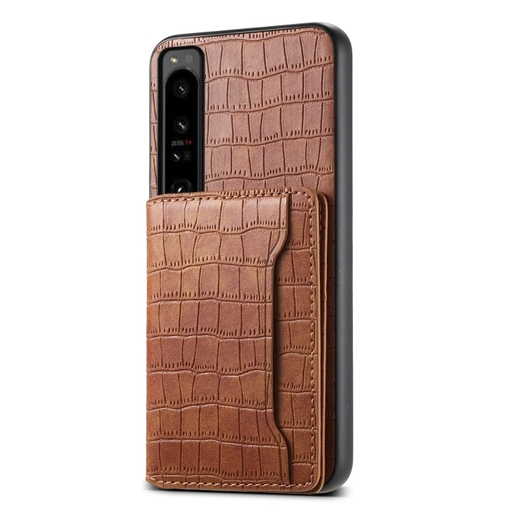 For Sony Xperia 1 IV Crocodile Texture Card Bag Design Full Coverage Phone Case(Brown) - Sony Cases by PMC Jewellery | Online Shopping South Africa | PMC Jewellery | Buy Now Pay Later Mobicred