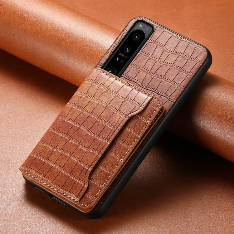 For Sony Xperia 1 IV Crocodile Texture Card Bag Design Full Coverage Phone Case(Brown) - Sony Cases by PMC Jewellery | Online Shopping South Africa | PMC Jewellery | Buy Now Pay Later Mobicred