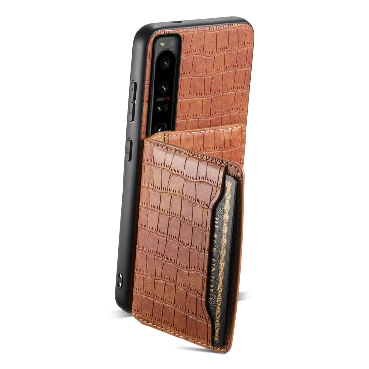 For Sony Xperia 1 IV Crocodile Texture Card Bag Design Full Coverage Phone Case(Brown) - Sony Cases by PMC Jewellery | Online Shopping South Africa | PMC Jewellery | Buy Now Pay Later Mobicred