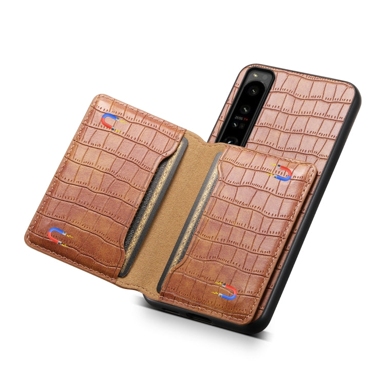 For Sony Xperia 1 IV Crocodile Texture Card Bag Design Full Coverage Phone Case(Brown) - Sony Cases by PMC Jewellery | Online Shopping South Africa | PMC Jewellery | Buy Now Pay Later Mobicred