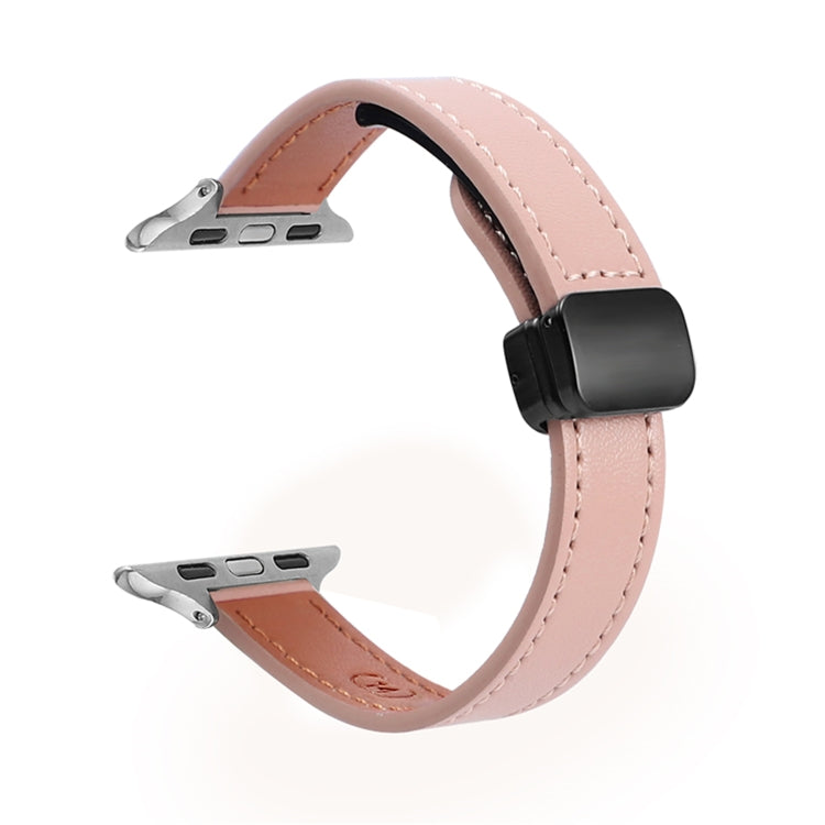 For Apple Watch SE 2023 40mm Slim Magnetic Buckle Genuine Leather Watch Band(Plain Pink) - Watch Bands by PMC Jewellery | Online Shopping South Africa | PMC Jewellery