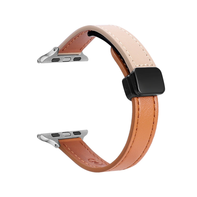 For Apple Watch Series 9 45mm Slim Magnetic Buckle Genuine Leather Watch Band(Plain Orange Apricot) - Watch Bands by PMC Jewellery | Online Shopping South Africa | PMC Jewellery