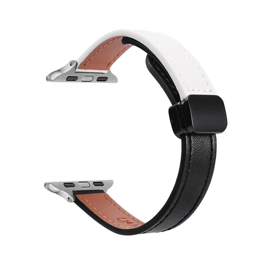 For Apple Watch Series 9 41mm Slim Magnetic Buckle Genuine Leather Watch Band(Plain Black Beige) - Watch Bands by PMC Jewellery | Online Shopping South Africa | PMC Jewellery