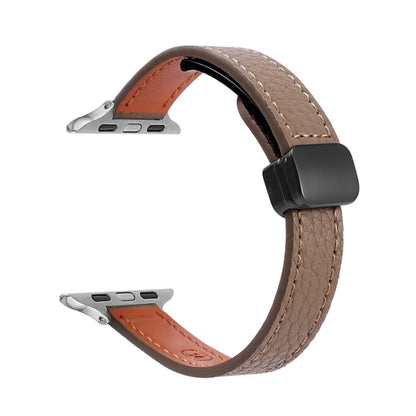 For Apple Watch Series 9 41mm Slim Magnetic Buckle Genuine Leather Watch Band(Litchi Coffee) - Watch Bands by PMC Jewellery | Online Shopping South Africa | PMC Jewellery