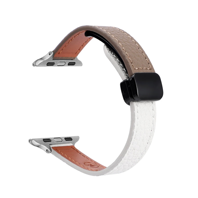 For Apple Watch Series 9 41mm Slim Magnetic Buckle Genuine Leather Watch Band(Litchi Beige Coffee) - Watch Bands by PMC Jewellery | Online Shopping South Africa | PMC Jewellery