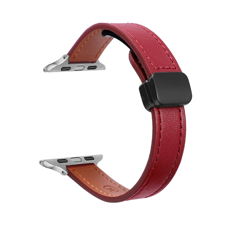 For Apple Watch Ultra 49mm Slim Magnetic Buckle Genuine Leather Watch Band(Plain Wine Red) - Watch Bands by PMC Jewellery | Online Shopping South Africa | PMC Jewellery