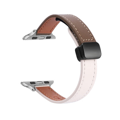 For Apple Watch Ultra 49mm Slim Magnetic Buckle Genuine Leather Watch Band(Plain Beige Coffee) - Watch Bands by PMC Jewellery | Online Shopping South Africa | PMC Jewellery